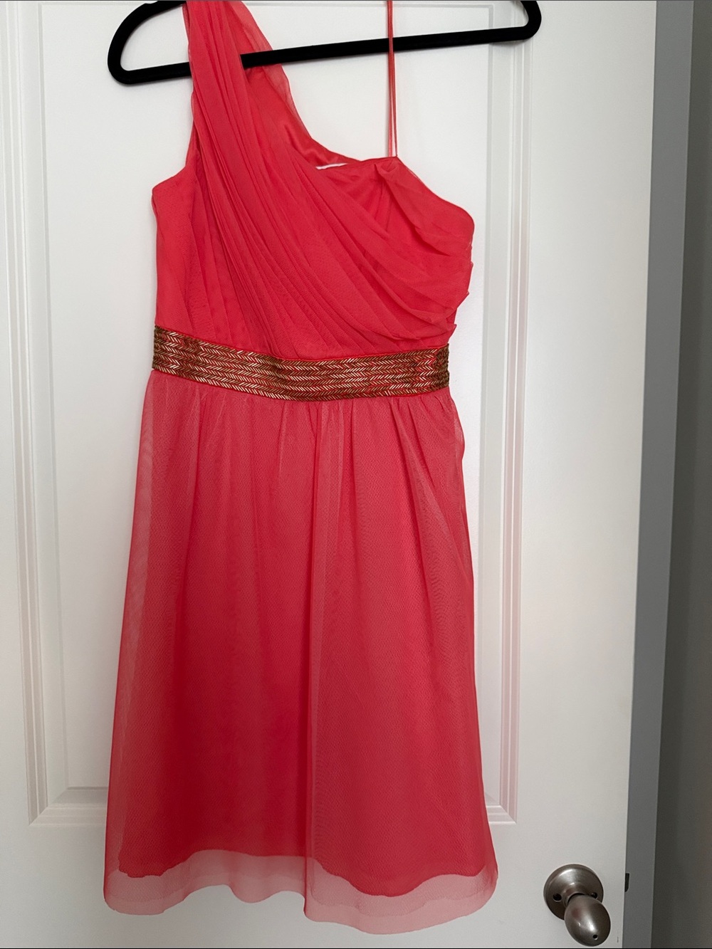 Women’s One-Shoulder Coral Pink Dress with Gold Waistband